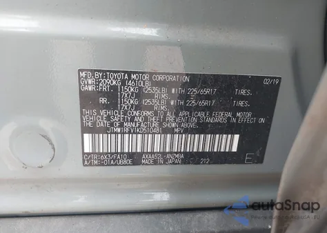 2019 Toyota Rav4 Xle z USA, uszkodzony, nr VIN JTMW1RFV1KD510481